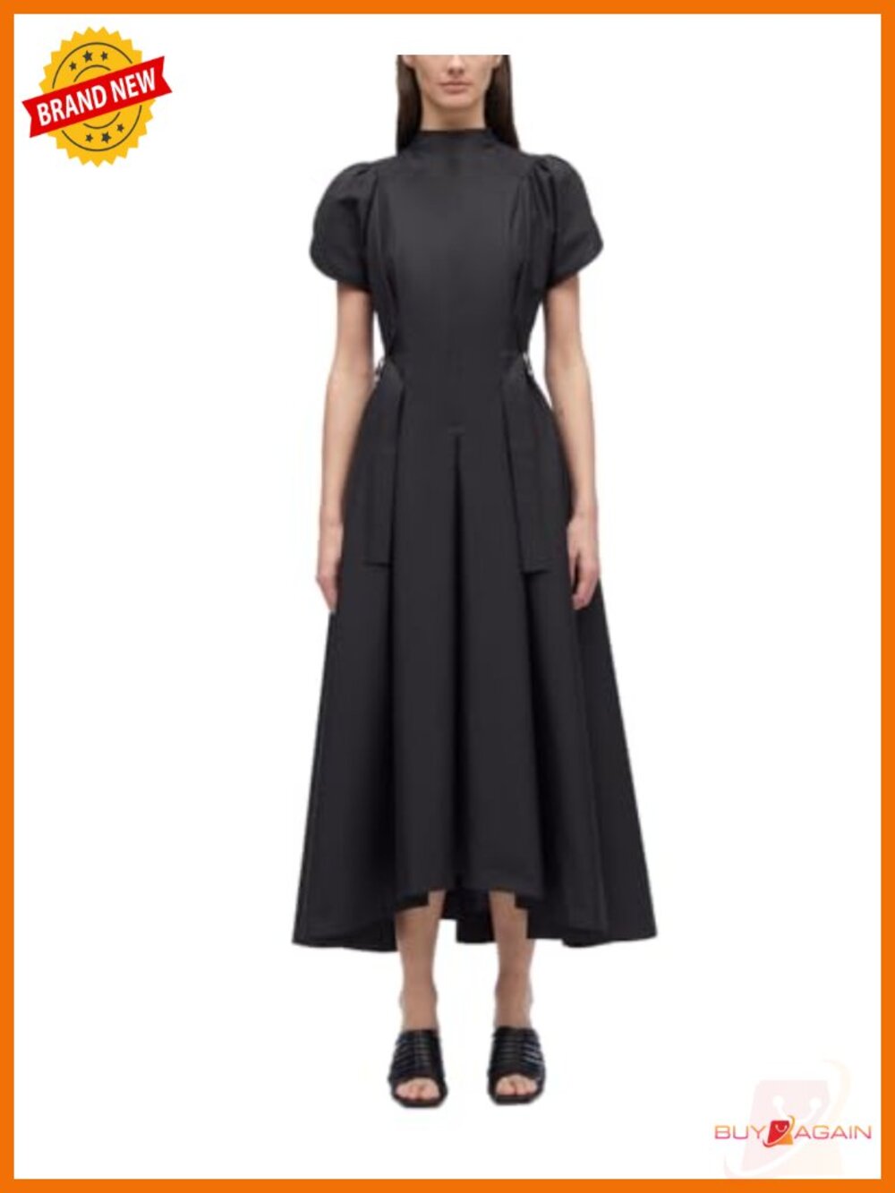 Puff Sleeve Side Tie Flare Midi Dress Poplin Mock Neck